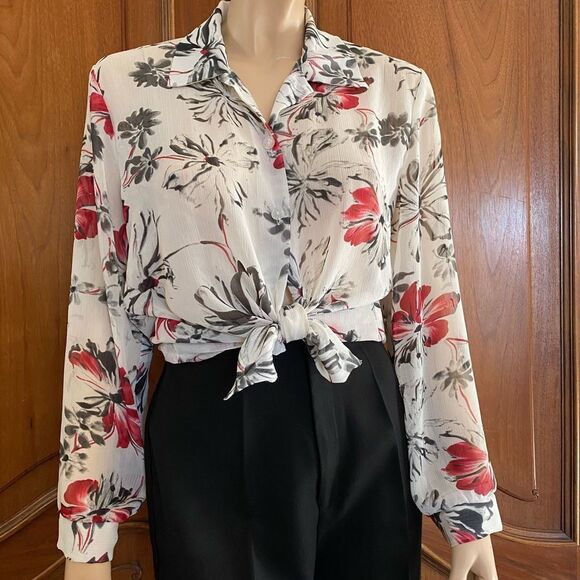 Vintage Blouse Sheer Button Up Shirt Floral Print Top Size Medium - Picture 5 of 6